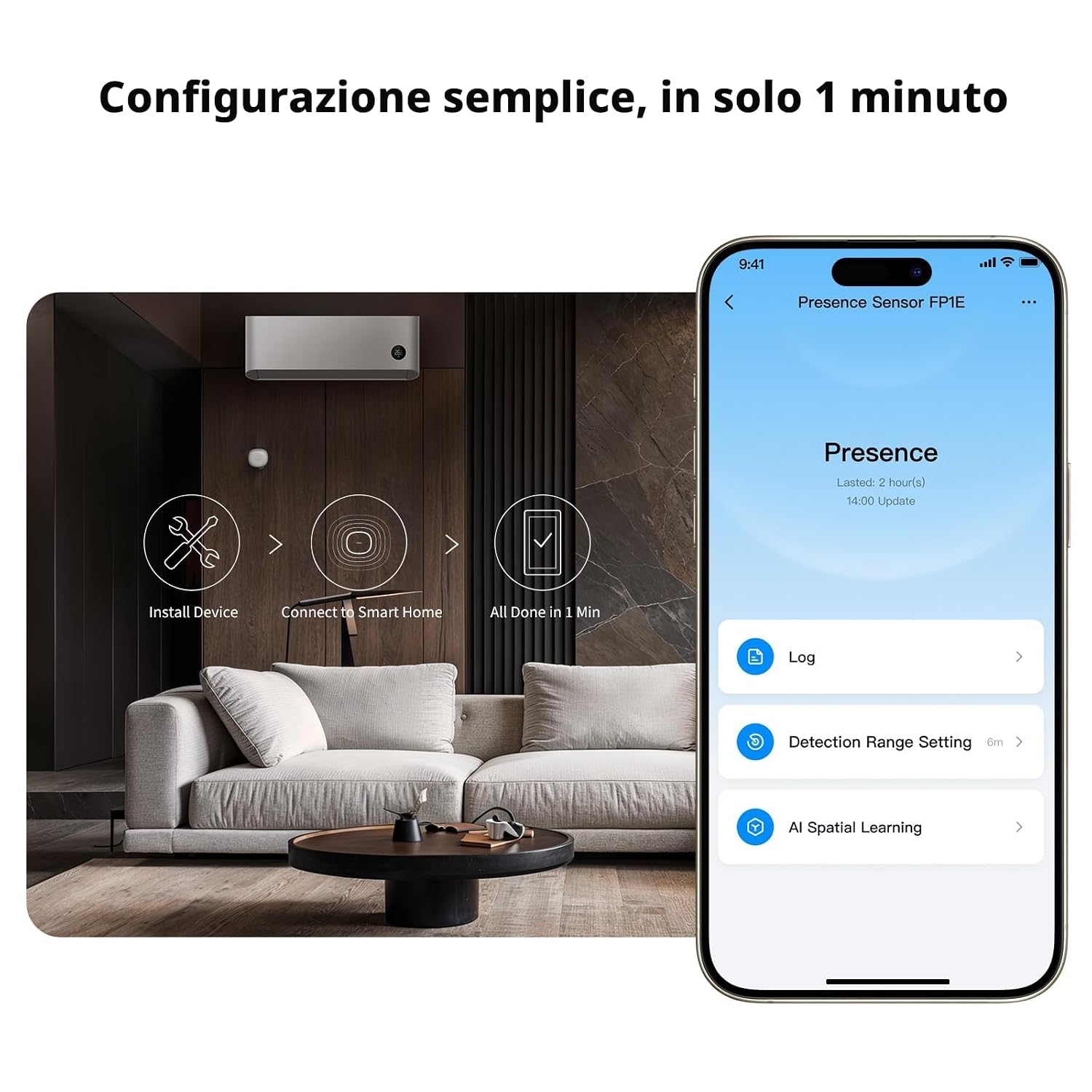 Detalle de Aqara Sensore di Presenza FP1E Zigbee 3.0: rilevamento preciso con AI e workflow Matter-over-bridge