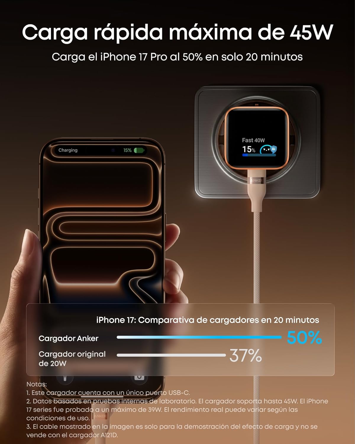Thumbnail 2 de Anker Nano Cargador USB-C inteligente 45W con reconocimiento para iPhone y pantalla rotatoria