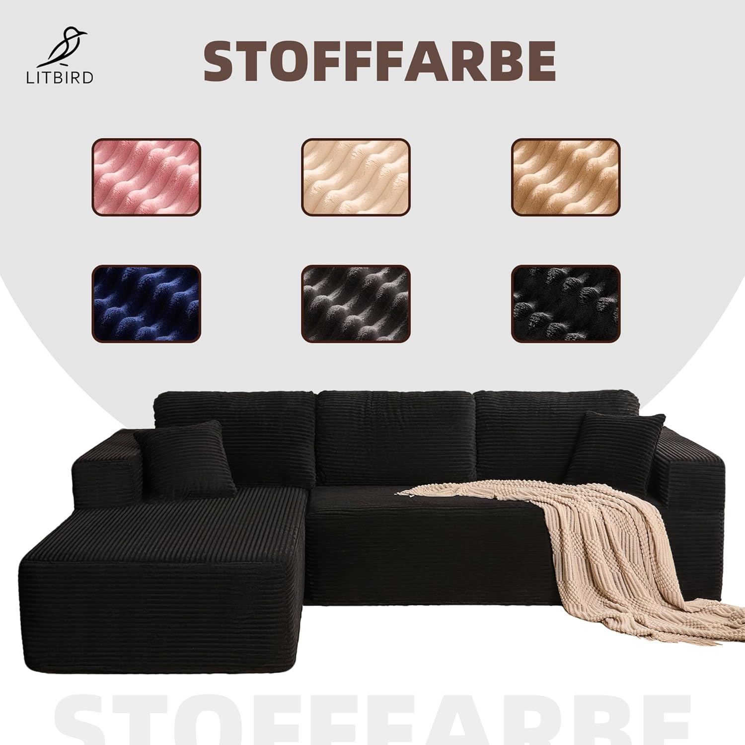 Detalle de Litbird modulares L-förmiges Ecksofa mit Schlaffunktion und Chaiselongue links – rahmenloses Schlafsofa, schwarz