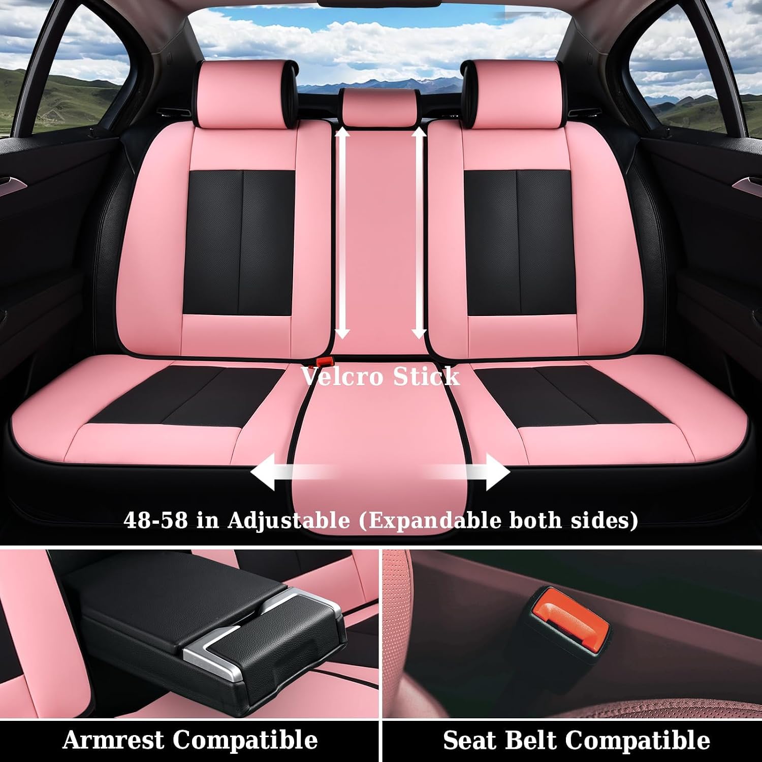 Detalle de Coverado Car Seat Covers Full Set — Waterproof Nappa Leather with Lumbar Support (Black & Pink)