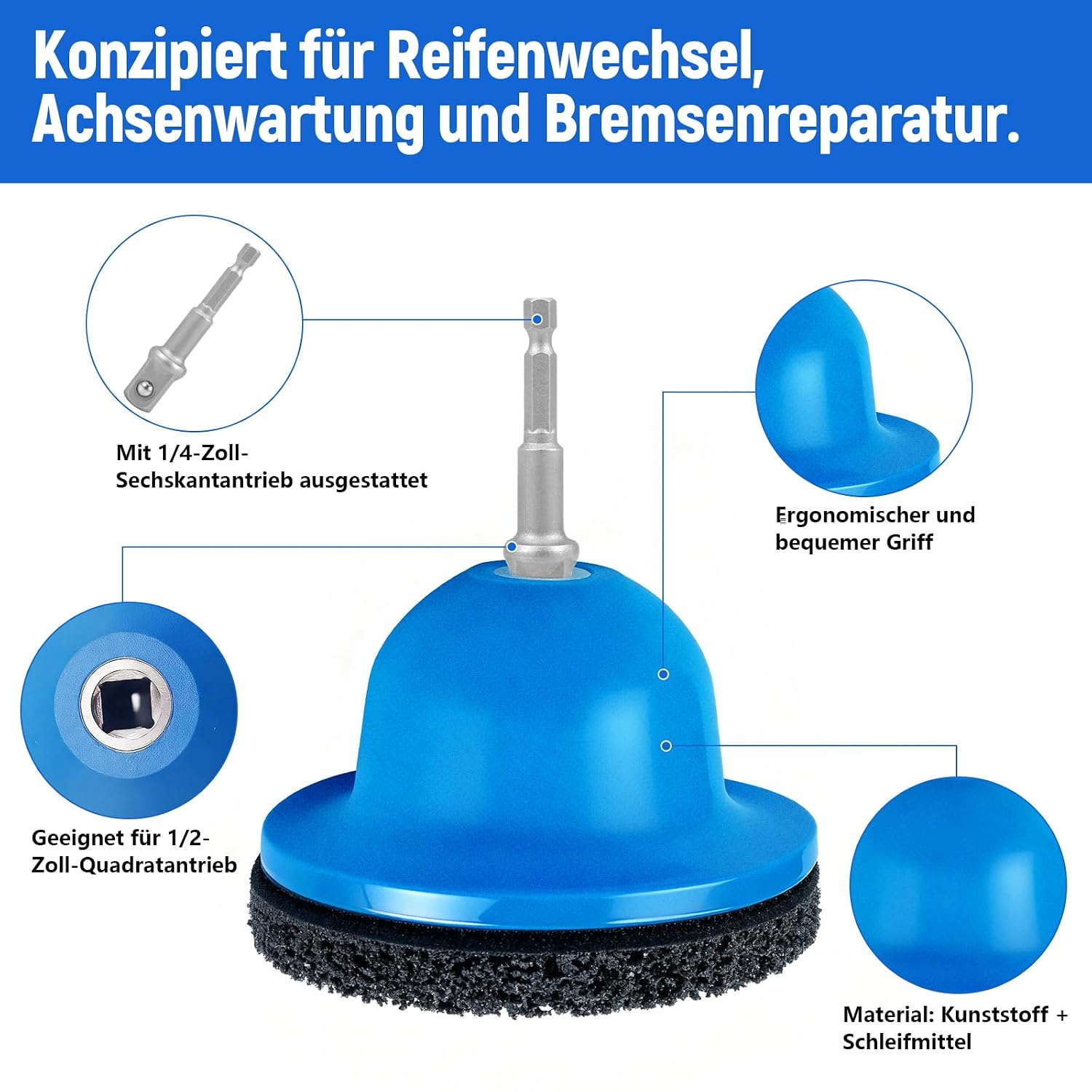 Detalle de Radnabenschleifer, Innen-Ø 90 mm / Außen-Ø 150 mm für Anhängerkupplung – 1/2 Zoll Antrieb, Radnabenreiniger für Felgenwechsel