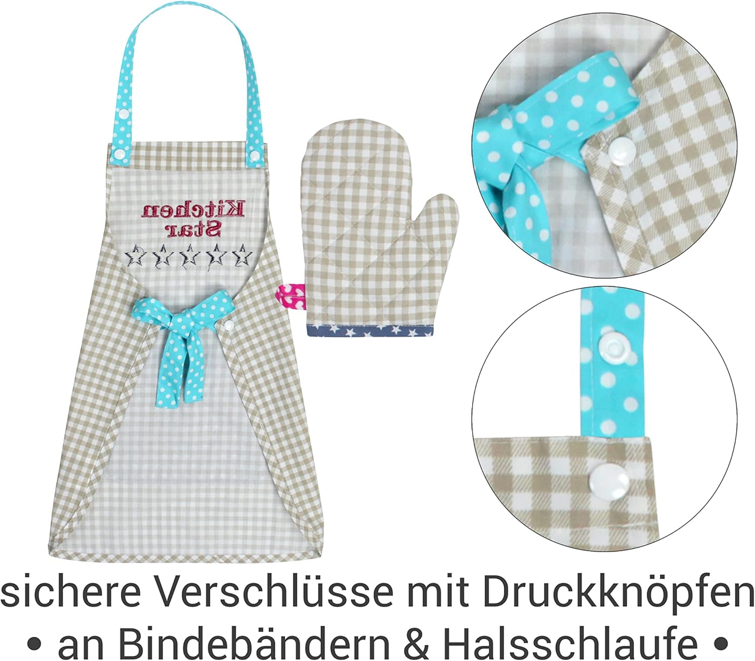 Thumbnail 2 de Emily 1428.2002 — Lot de 3 Casquettes de Cuisine avec Tablier et Gant pour Enfant, Motif Carreaux, 7–12 ans