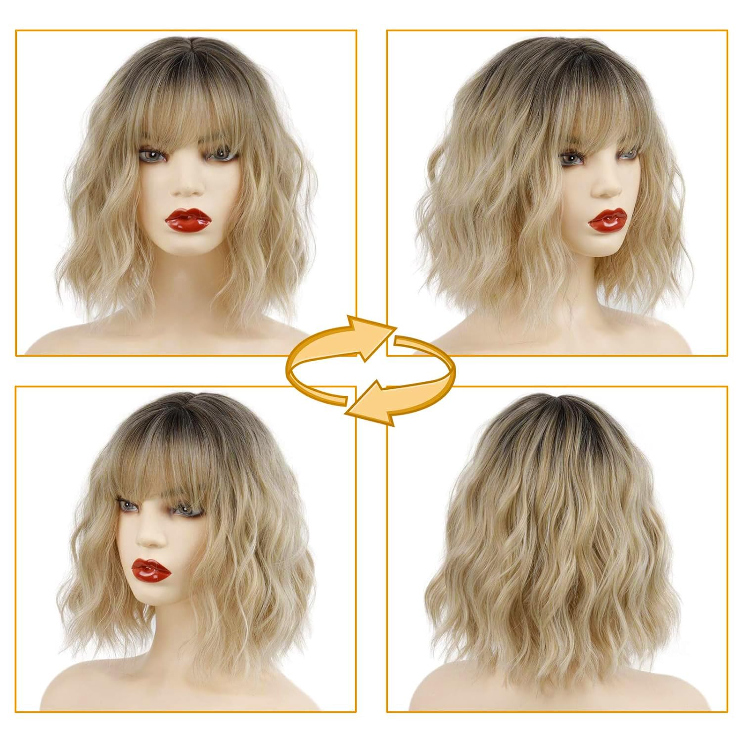 Detalle de MISSQUEEN Short Blonde Wig with Bangs - Wavy Bob, Ombre Synthetic Hair