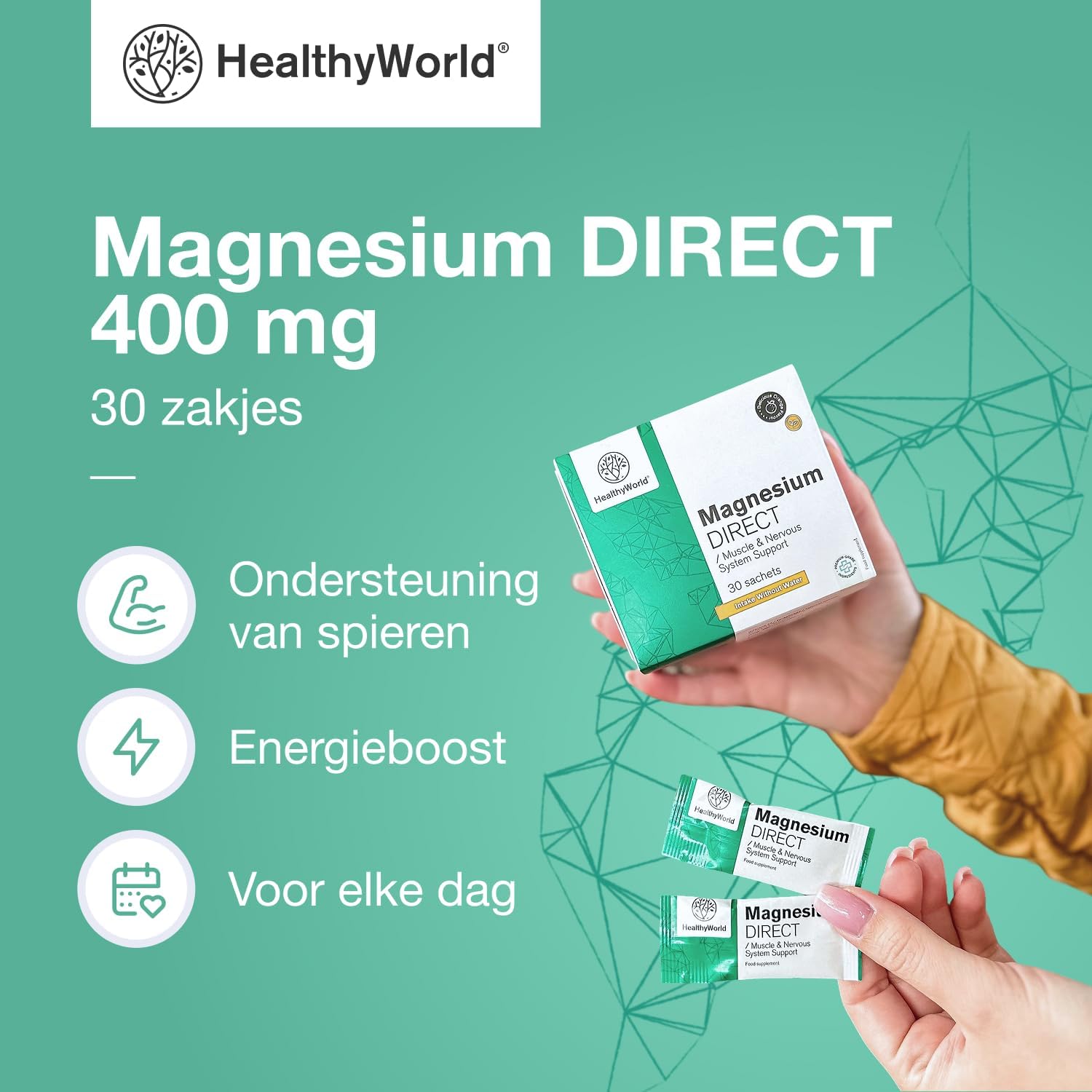 Detalle de HealthyWorld Magnesium DIRECT 400 mg met citraat en oxide, 30 zakjes