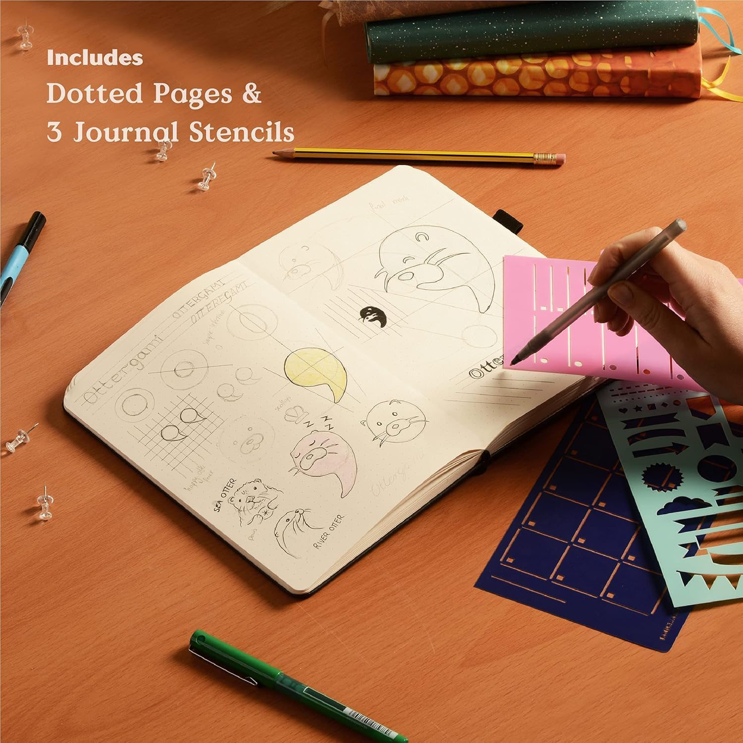 Thumbnail 3 de Ottergami The Classic Bullet Dotted Journal (Blue Speckled) A5 Hardback dotted notebook with stencils kit