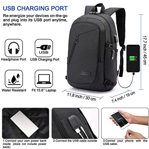 Detalle de Antivol Sac à Dos Ordinateur Portable 15,6" Wenig – USB Charging, Imperméable, Noir