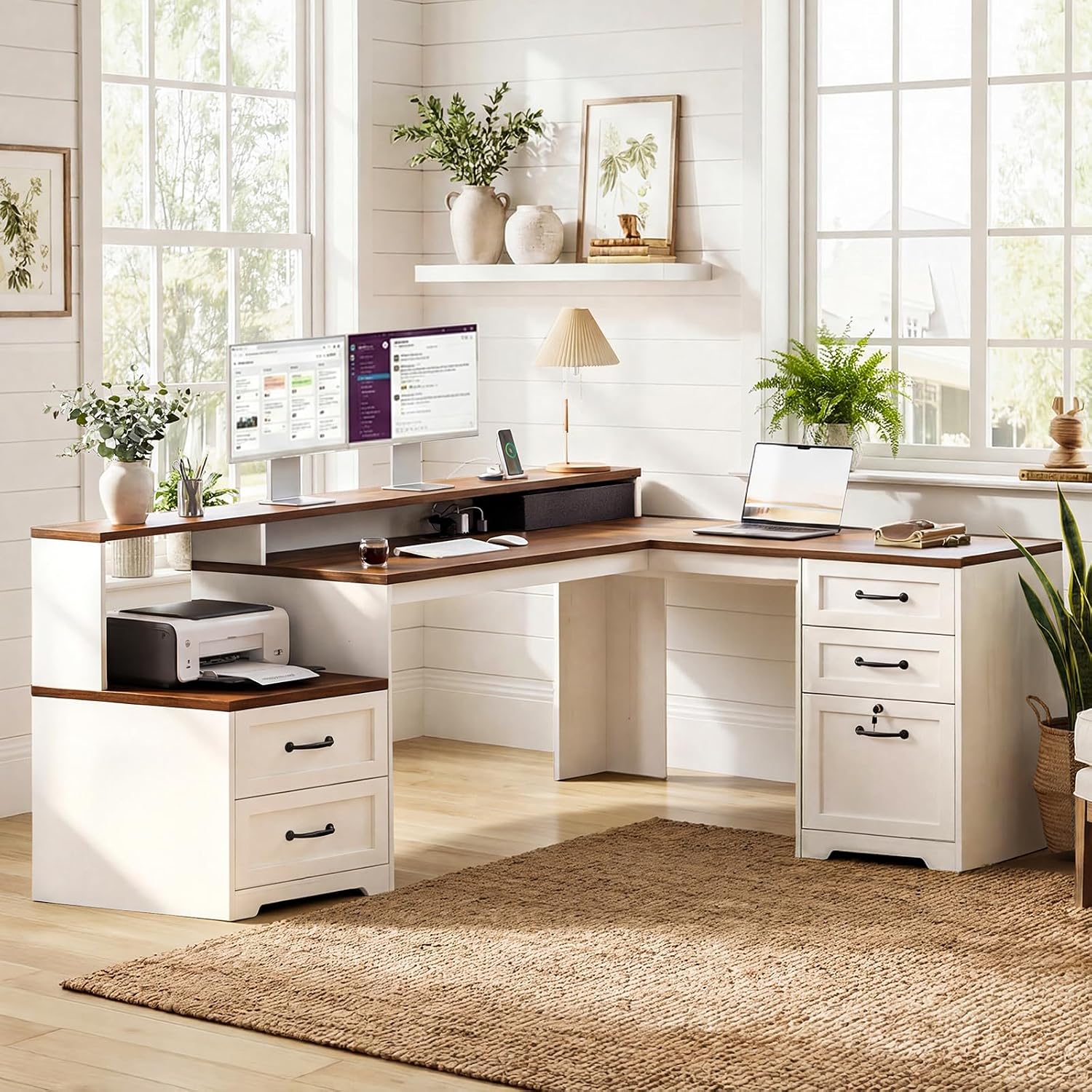 Thumbnail 6 de OffiGo Farmhouse 68-Inch L-Shaped Executive Desk with Drawers, Monitor Stand and Outlets