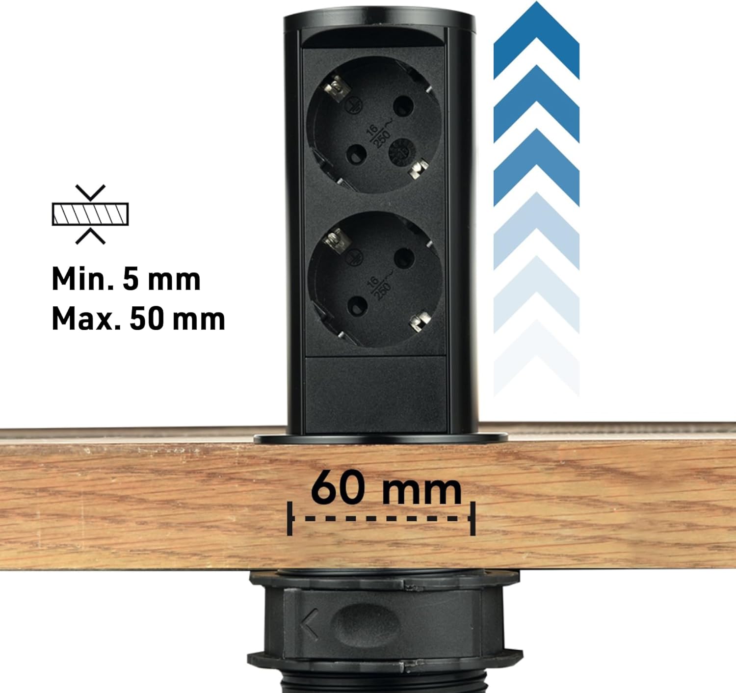 Thumbnail 2 de Electraline 62586 Multipresa Pop-up a Scomparsa per Scrivania/Cuina – 2 Prese Schuko, Ø60 mm, cavo 2 m
