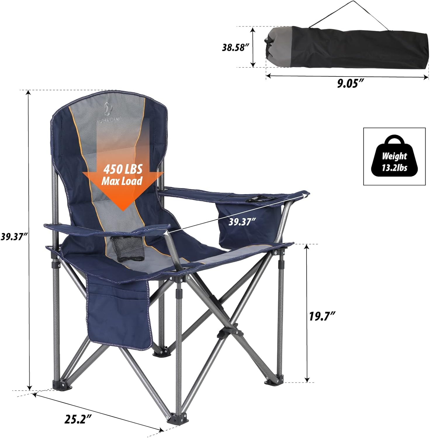 Thumbnail 1 de ALPHA CAMP Oversized Folding Camping Chair (Heavy Duty, 450 LBS) with Cooler Bag, Side Pocket & Cup Holder