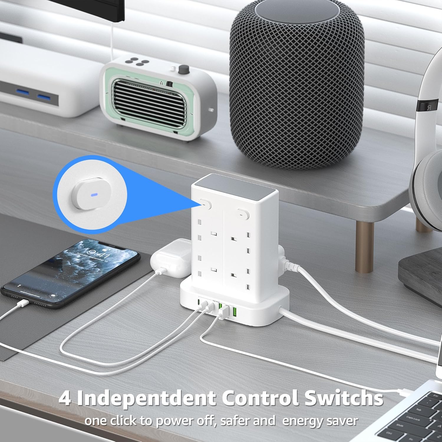 Thumbnail 5 de Tower Extension Lead with USB Slots - 8 Way Sockets, 13A, 3 USB A, 3 USB C, 1.8m Cable