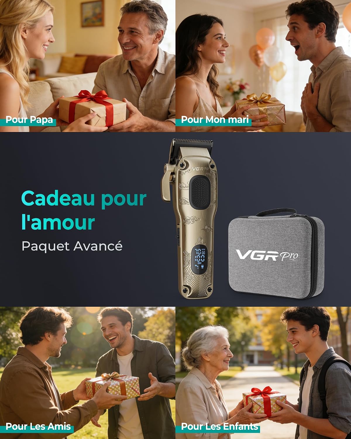 Thumbnail 5 de VGRPRO Tondeuse Cheveux Hommes Professionnel — Kit sans fil avec étui et LED (Gloden)