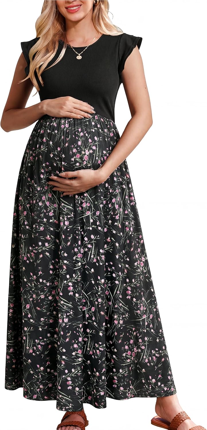 Detalle de OUGES Sommerkleid Damen Lang Rüschen Maxikleid – Elegantes Sommerkleid mit Taschen