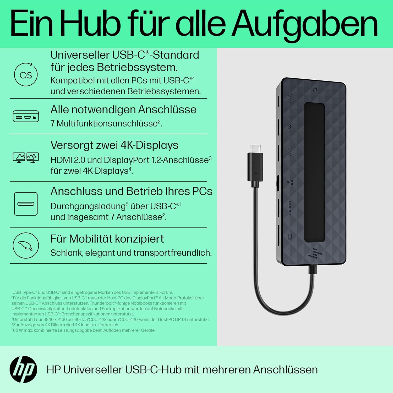 Thumbnail 2 de HP USB-C Multiport Hub – Universeller 7-in-1 Adapter (HDMI 2.0, DP 1.2, 2x USB-A, USB-C Passthrough 65W, Ethernet) Schwarz