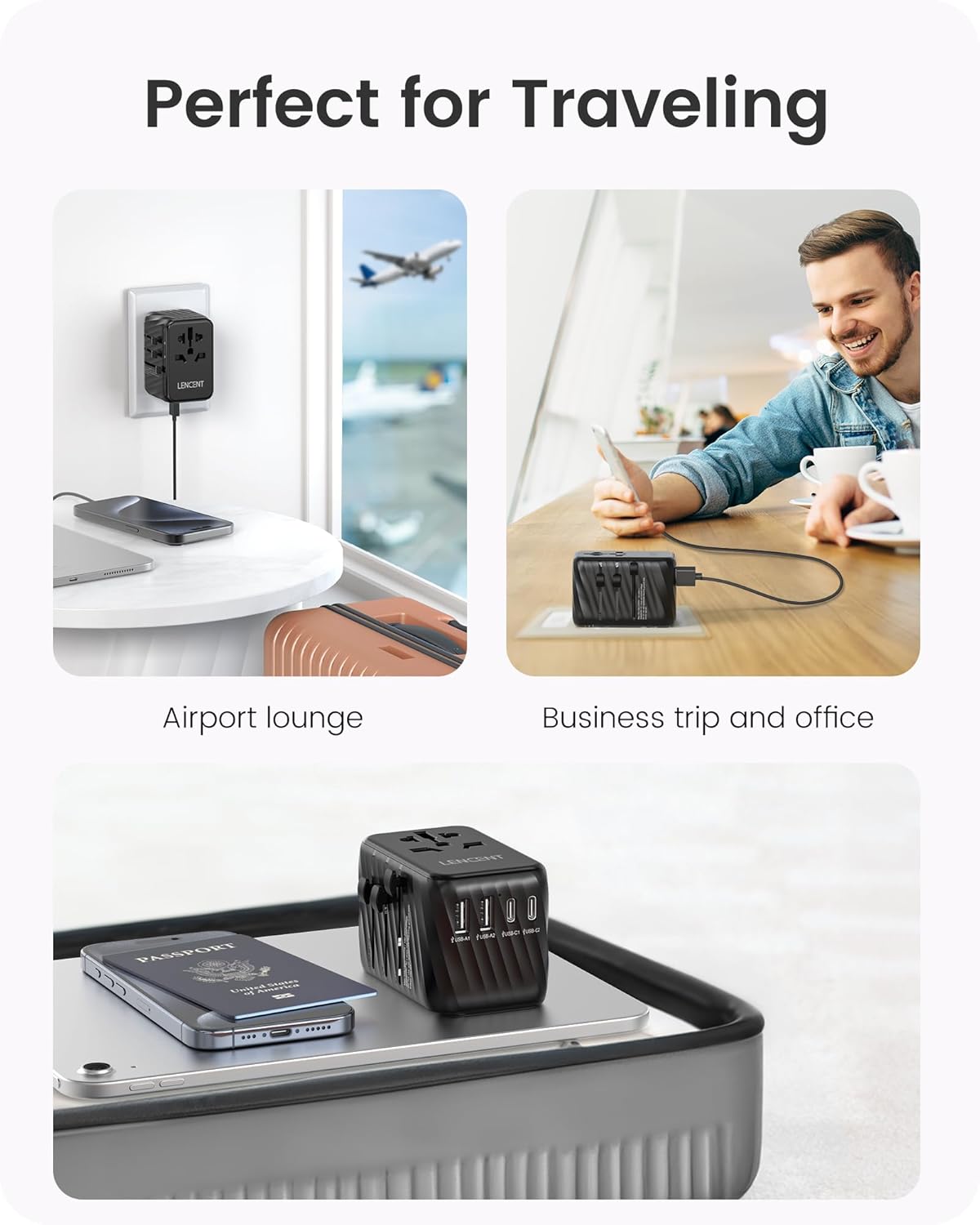Thumbnail 6 de LENCENT internationaler Reiseadapter 65W GaN3 mit 2× USB-A und 3× USB-C (PD), EU/UK/US/AU, schwarz