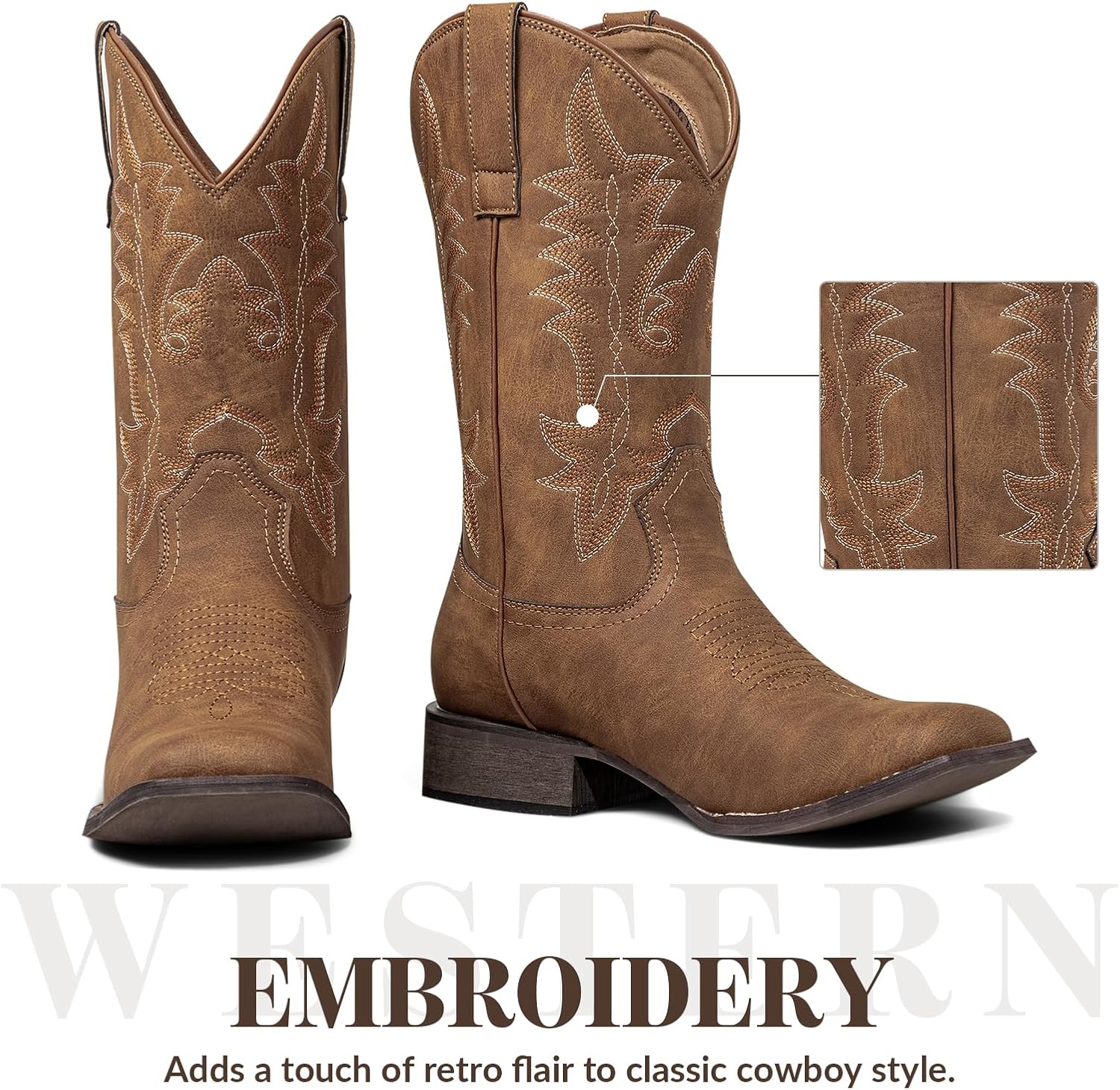 Thumbnail 5 de SheSole Western Cowgirl Boots: Square Toe, Mid-Calf, Pull-On Embroidery