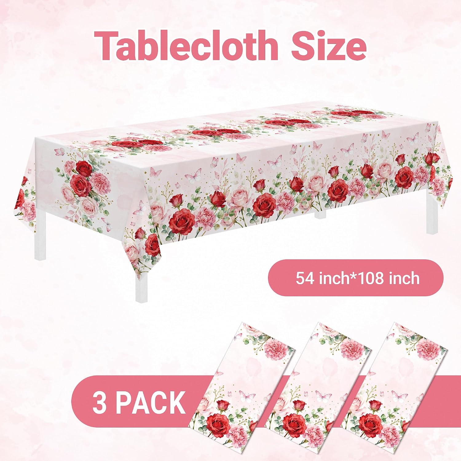 Detalle 1 de Childom 3-Pack Pink Floral Disposable Plastic Tablecloths, 54 x 108 Inches