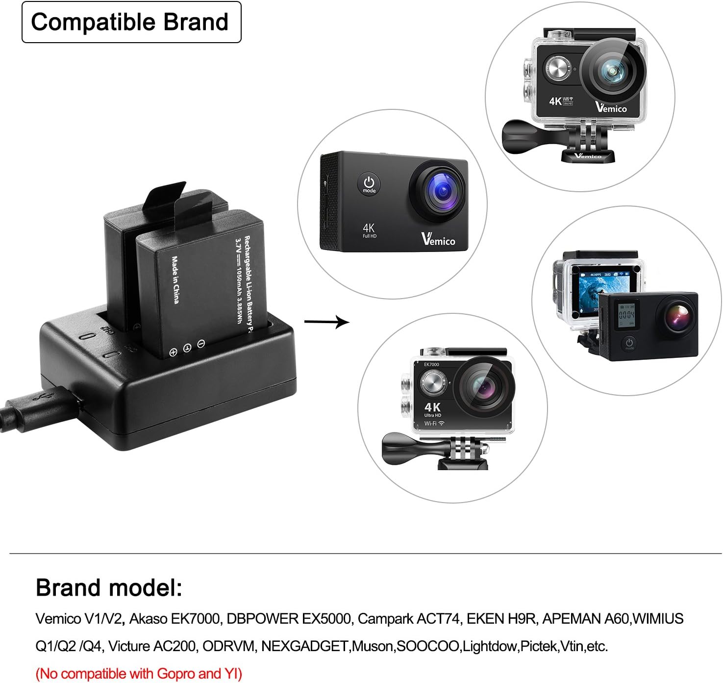 Thumbnail 1 de Vemico Action Cam Batterie 3X 1050mAh EK7000 (PG1050) con doppio caricatore per EK7000 Pro e compatibili