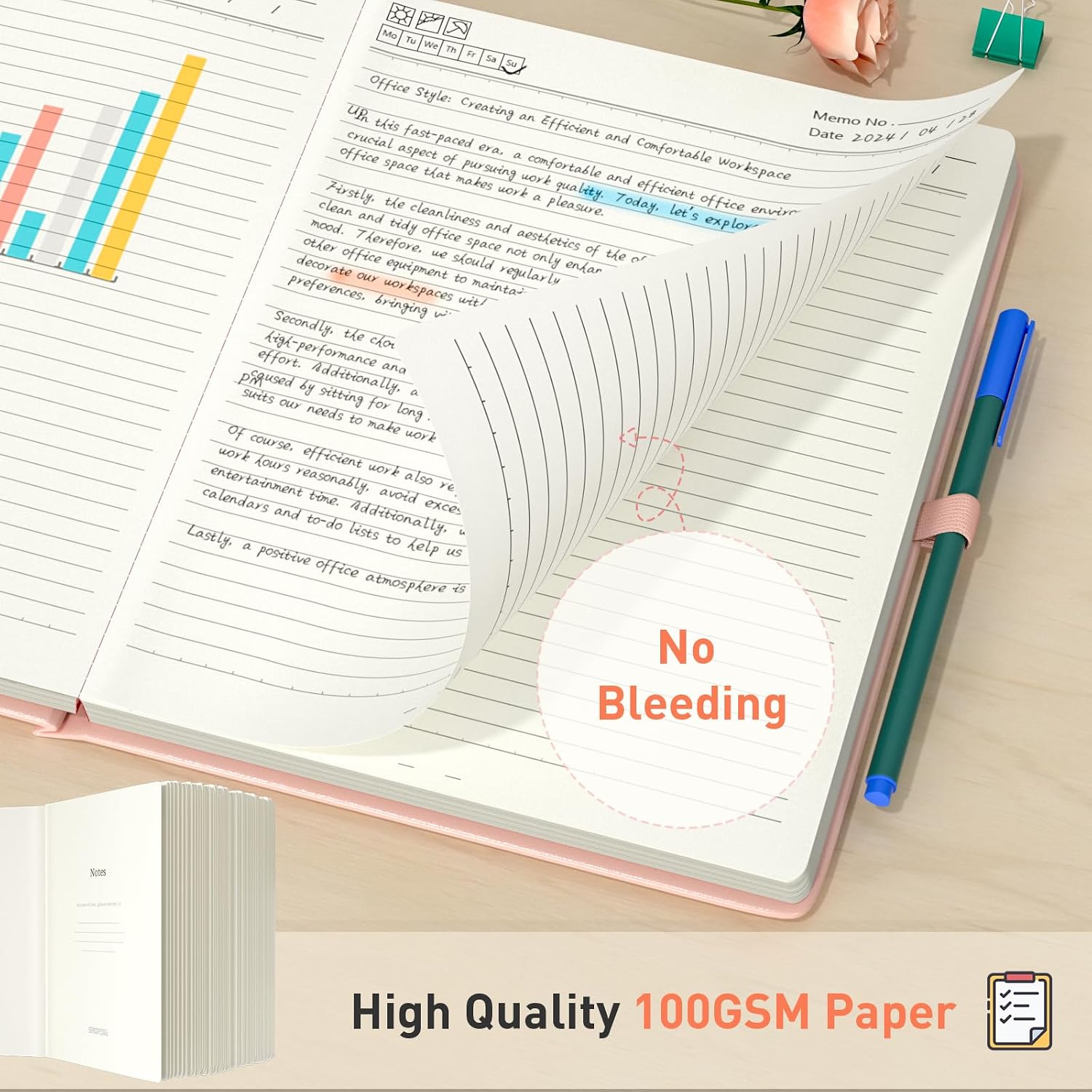 Detalle de Smarpau A4 Lined Notebook with Thick Hardcover Pink Leather Look Cover – 320 Pages, 100gsm Paper