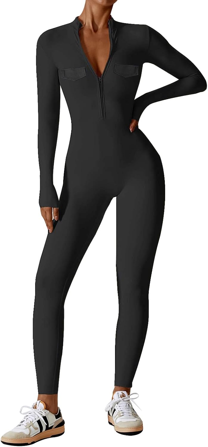 Detalle de Ecupper Jumpsuits Damen Yoga Bodycon Einteiler Zip Up