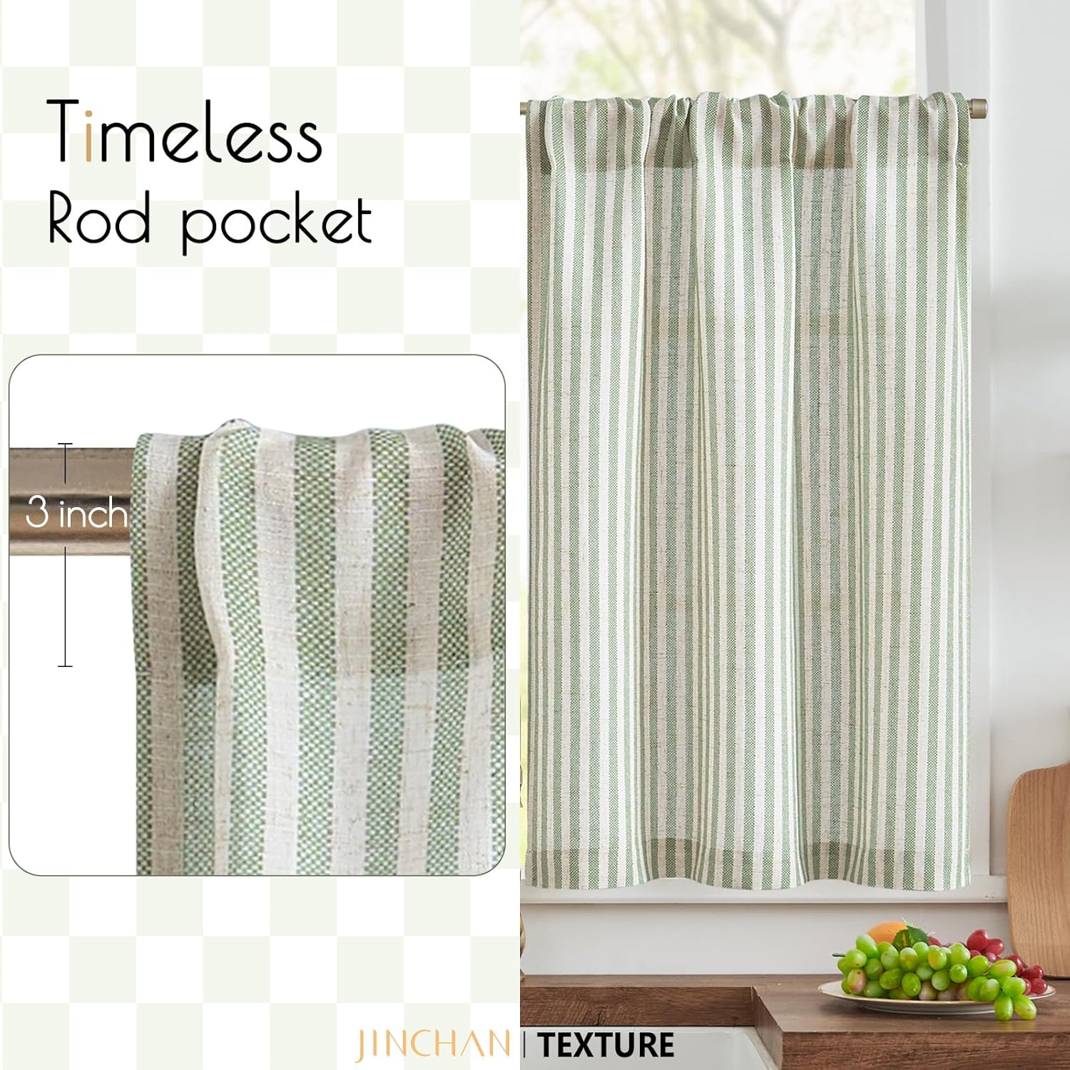 Detalle de jinchan Striped Linen Kitchen Curtains 30" sage green curtains 🪟