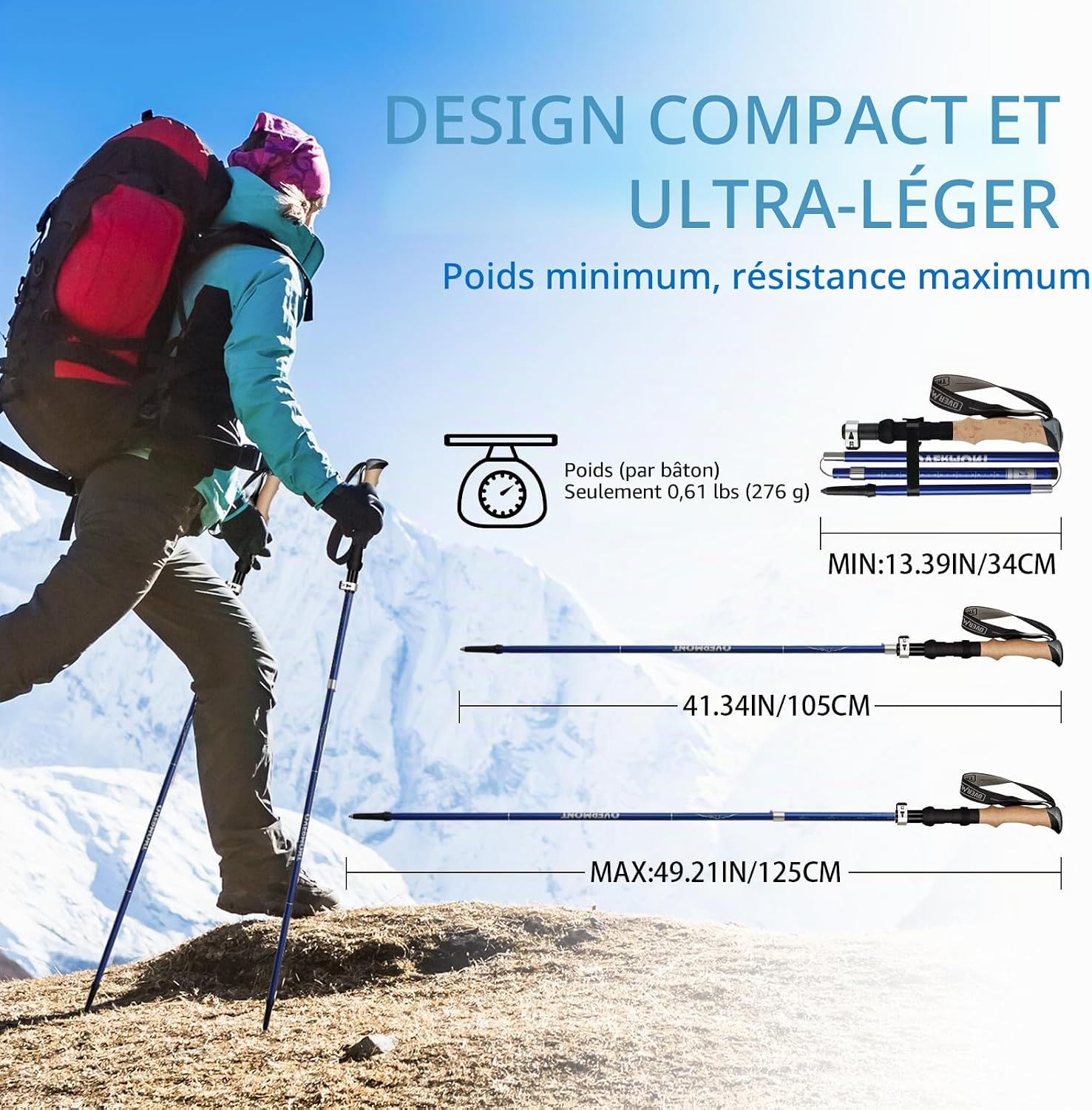 Detalle de Overmont Bâtons de randonnée pliables en aluminium léger – Réglables 105–125 cm (1 paire) avec accessoires tout-terrain