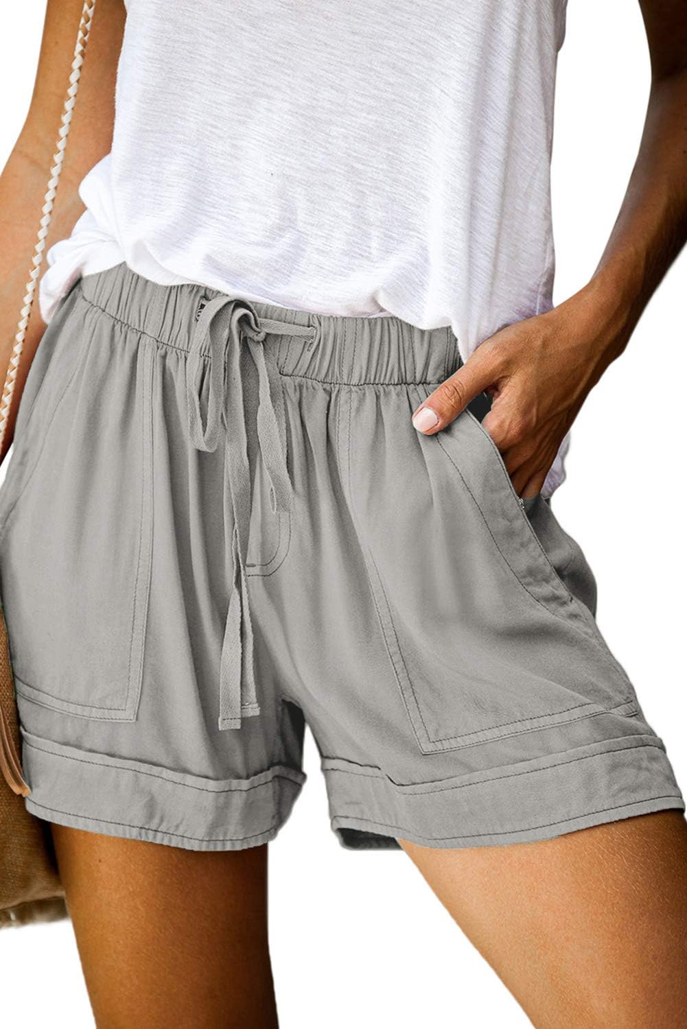 Detalle de HVEPUO Damen Baumwolle Leinen Shorts Gummiband – Sommer-Hotpants aus 90% Baumwolle, 10% Leinen