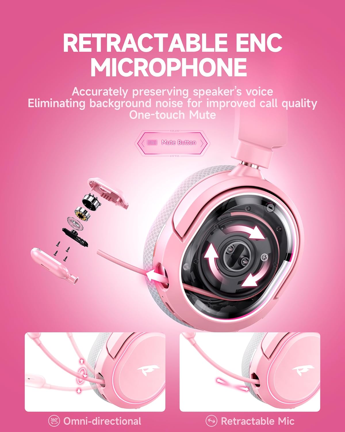 Thumbnail 4 de Wireless Gaming Headset UG-08S: 7.1 Surround, 2.4GHz USB + Bluetooth 5.4, 100H Battery, ENC Mic, RGB (Gray-Pink)