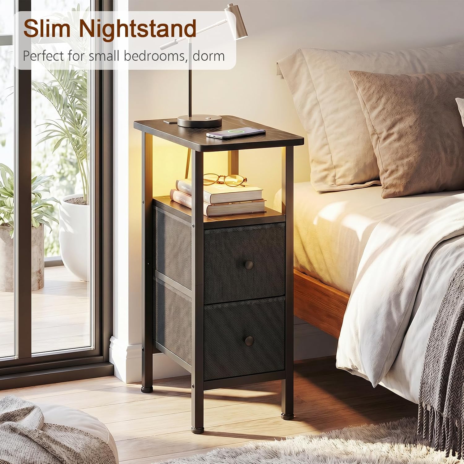 Thumbnail 6 de LOAKEKEL HETNDP02L Narrow End Table with Charging Station, LED Light and Drawers