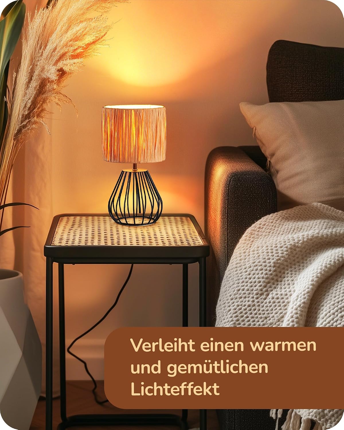 Thumbnail 5 de EDISHINE Tischlampe Wohnzimmer – Boho-Stil mit gewebtem Papierseil-Schirm, E14, 29 cm, Schwarz