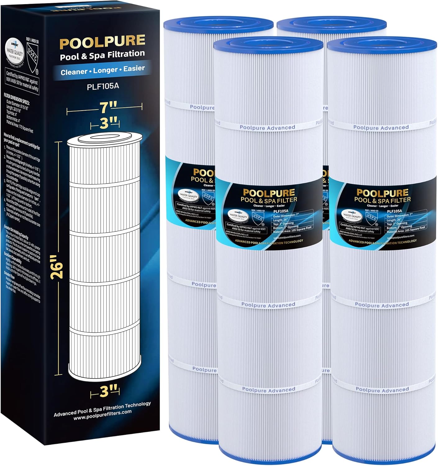 PoolPure PCC105-PAK4 4-Pack Cartridge Filter (replaces Pentair Clean and Clear Plus 420)