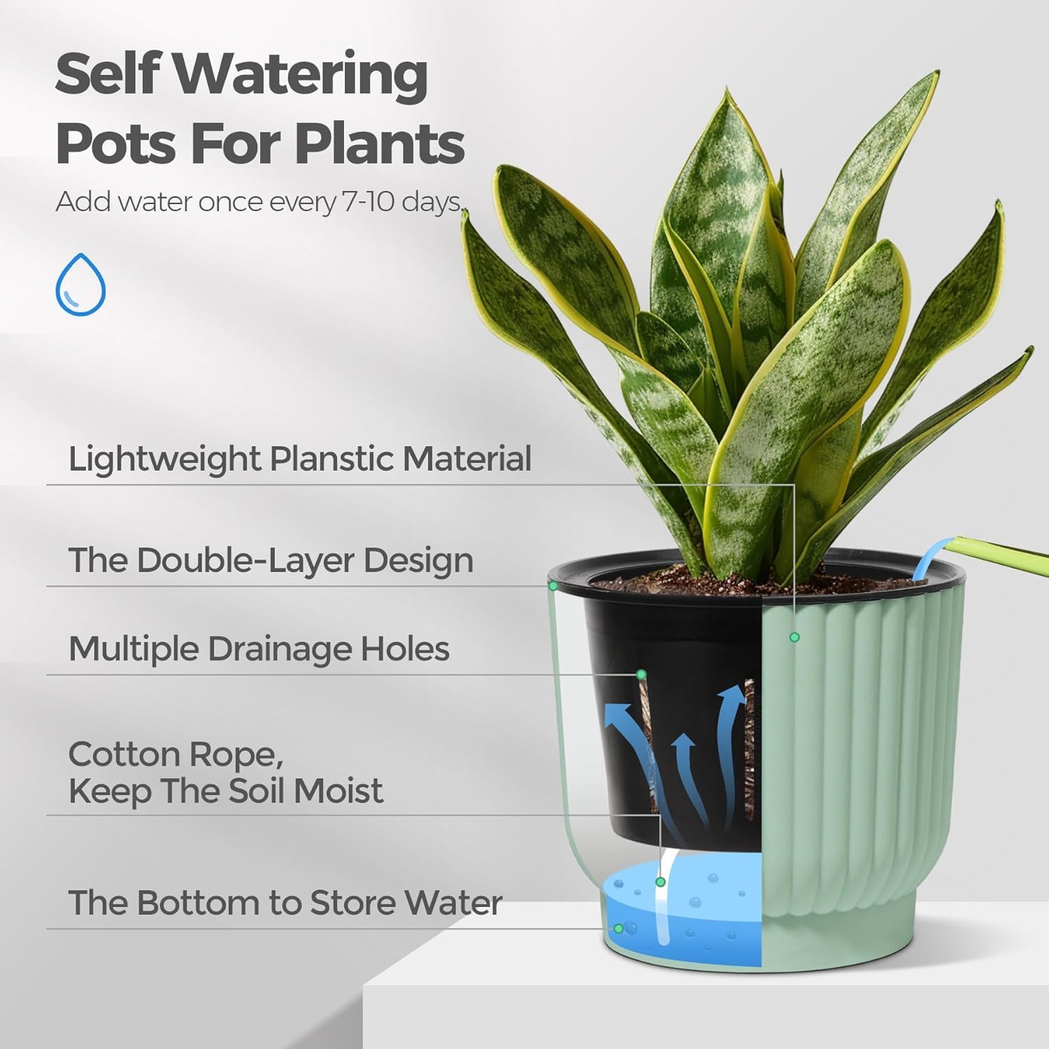 Thumbnail 4 de T4U 10cm Self Watering Plant Pots Indoor (6 Pack) — green plastic pots with cotton rope wicking