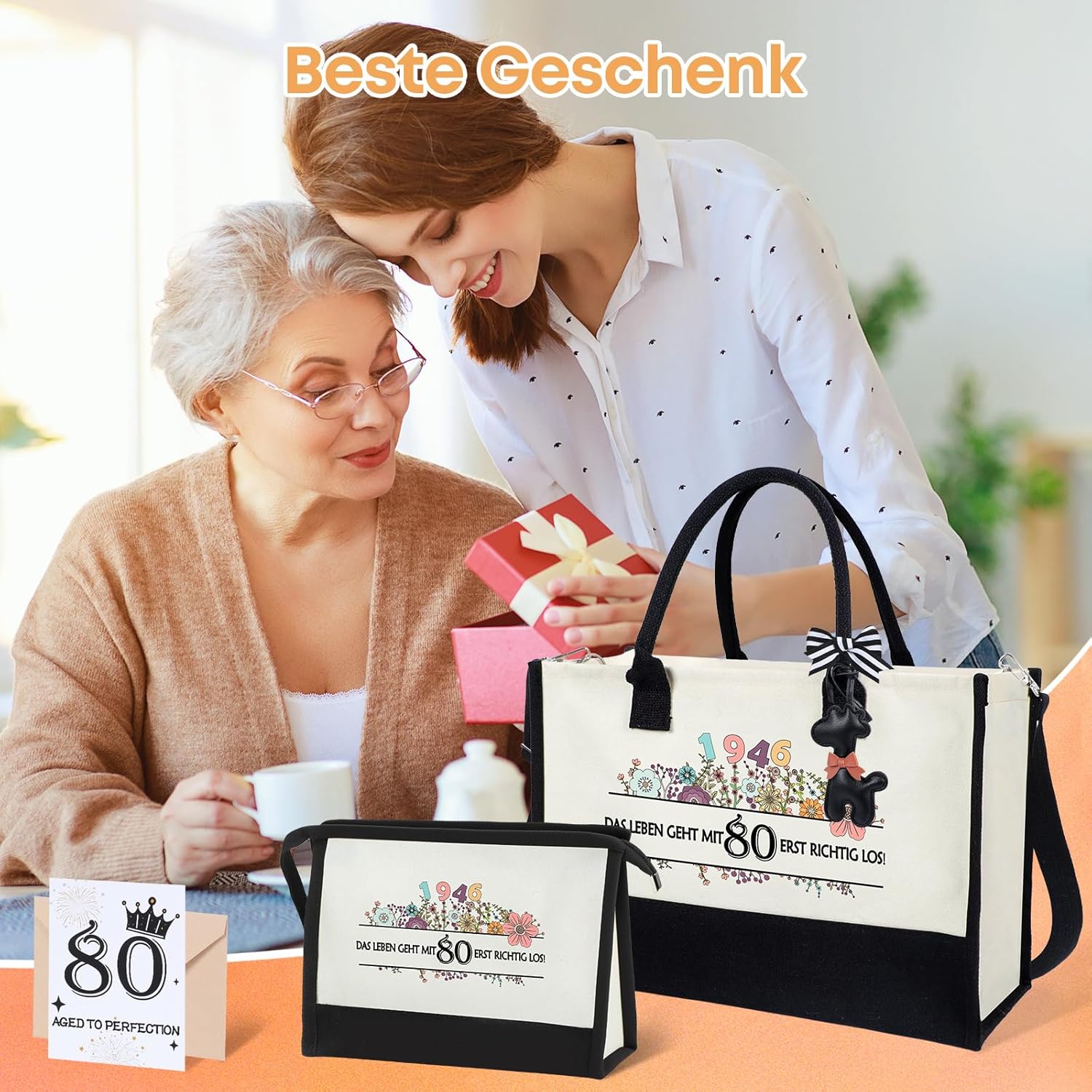 Thumbnail 2 de Seutgjie Geschenkset zum 80. Geburtstag – Vintage Tote Bag, Kosmetiktasche und Glückwunschkarte