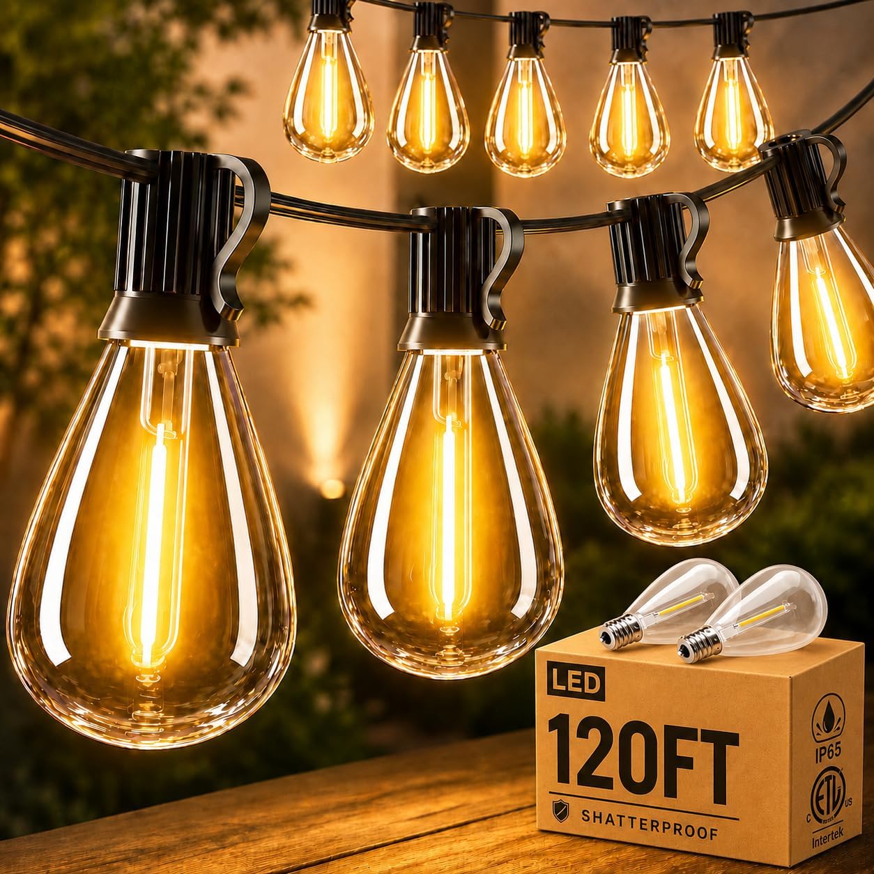 Detalle de SUXWIC S11 120 ft Outdoor String Lights, 2700K Warm White LED Edison Bulbs