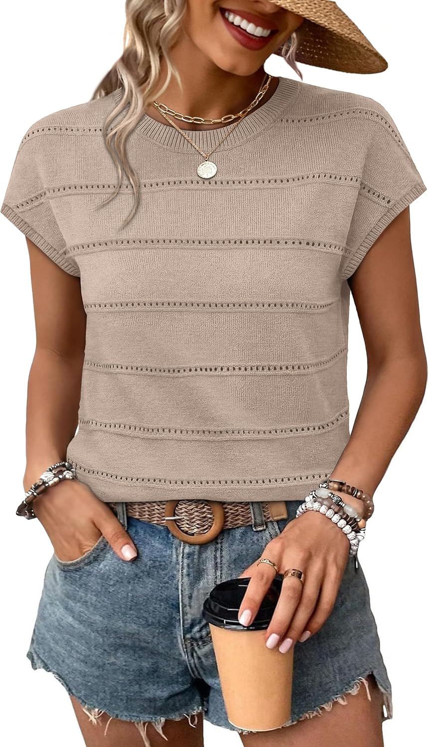 Detalle de WIHOLL Women's Lightweight Knit Sweater with Hollow-Out Stripes — Cap Sleeve Spring/Summer Resort Wear