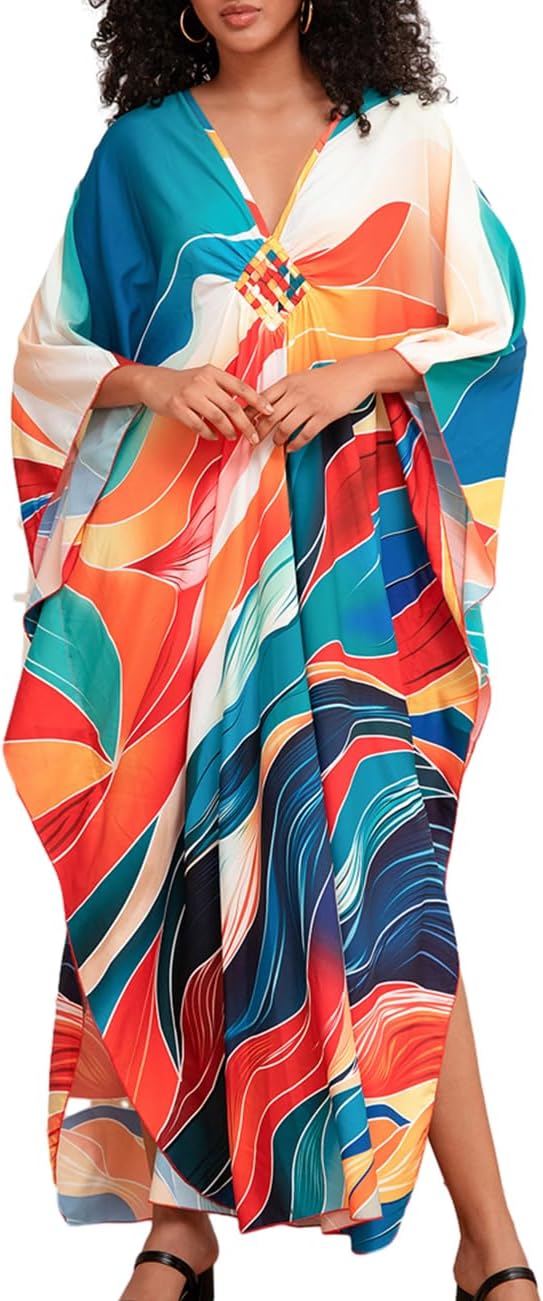 Thumbnail 6 de Plus size ethnic print kaftan beach dress cover up (V-neck, batwing sleeves, side slits)