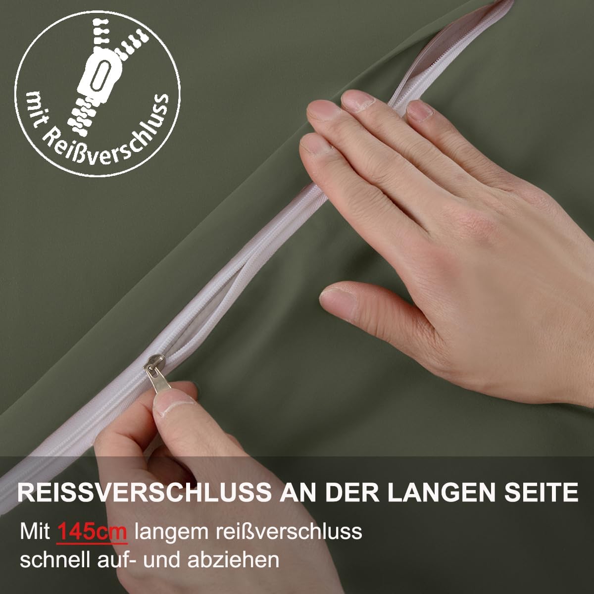 Detalle de Seitenschläferkissen Bezug 40x145 2er Set – Olivgrün, Mikrofaser, Reißverschluss, hypoallergen
