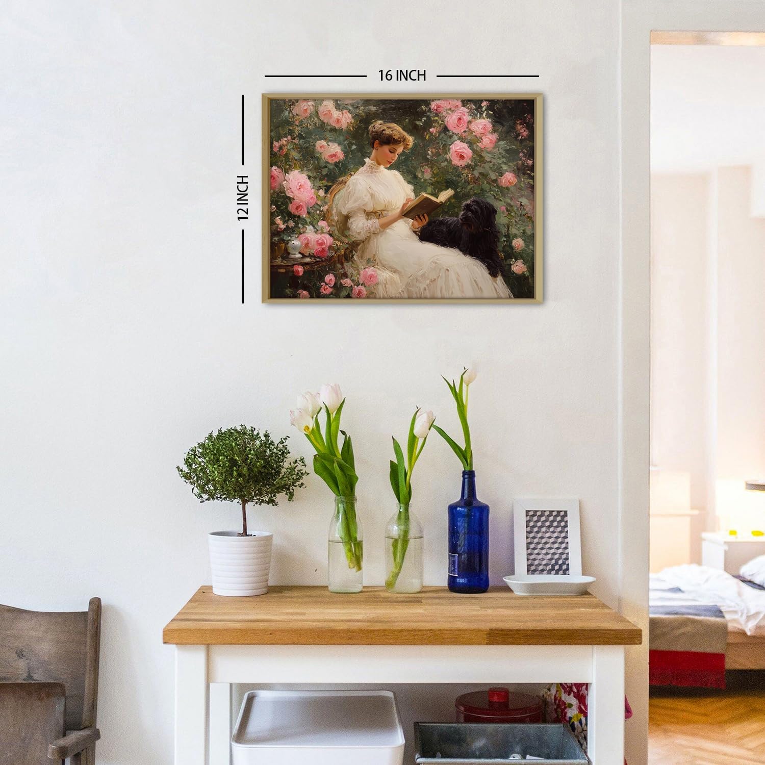 Detalle de Vintage Framed Wall Art: Woman Reading Book Portraits in Rose Garden (30x40cm)