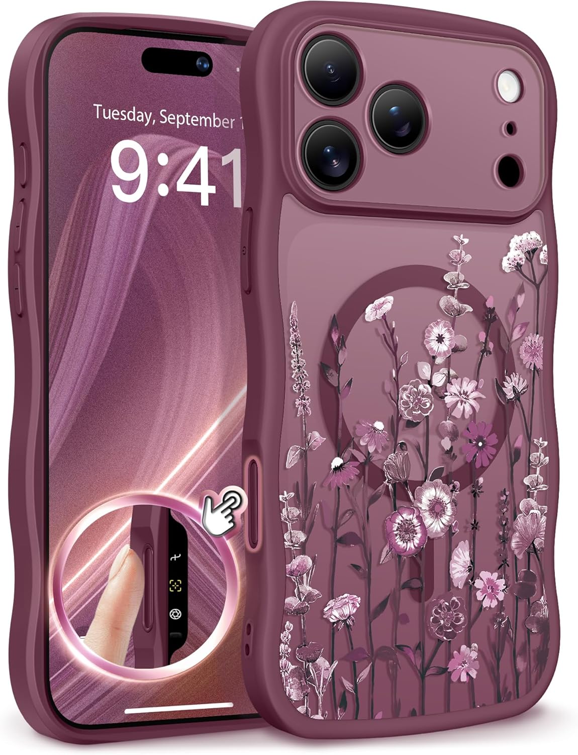 GVIEWIN Floral Translucent MagSafe Case for iPhone 17 Pro Max (Curly Wave Edge) – Full Camera Protection