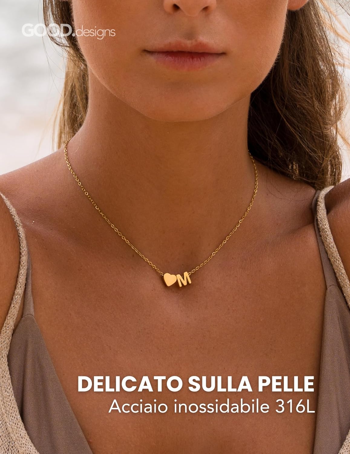 Detalle de GD GOOD.designs Collana con lettera e ciondolo a cuore in acciaio inox 316L placcato oro 18K, regolabile 42–47 cm