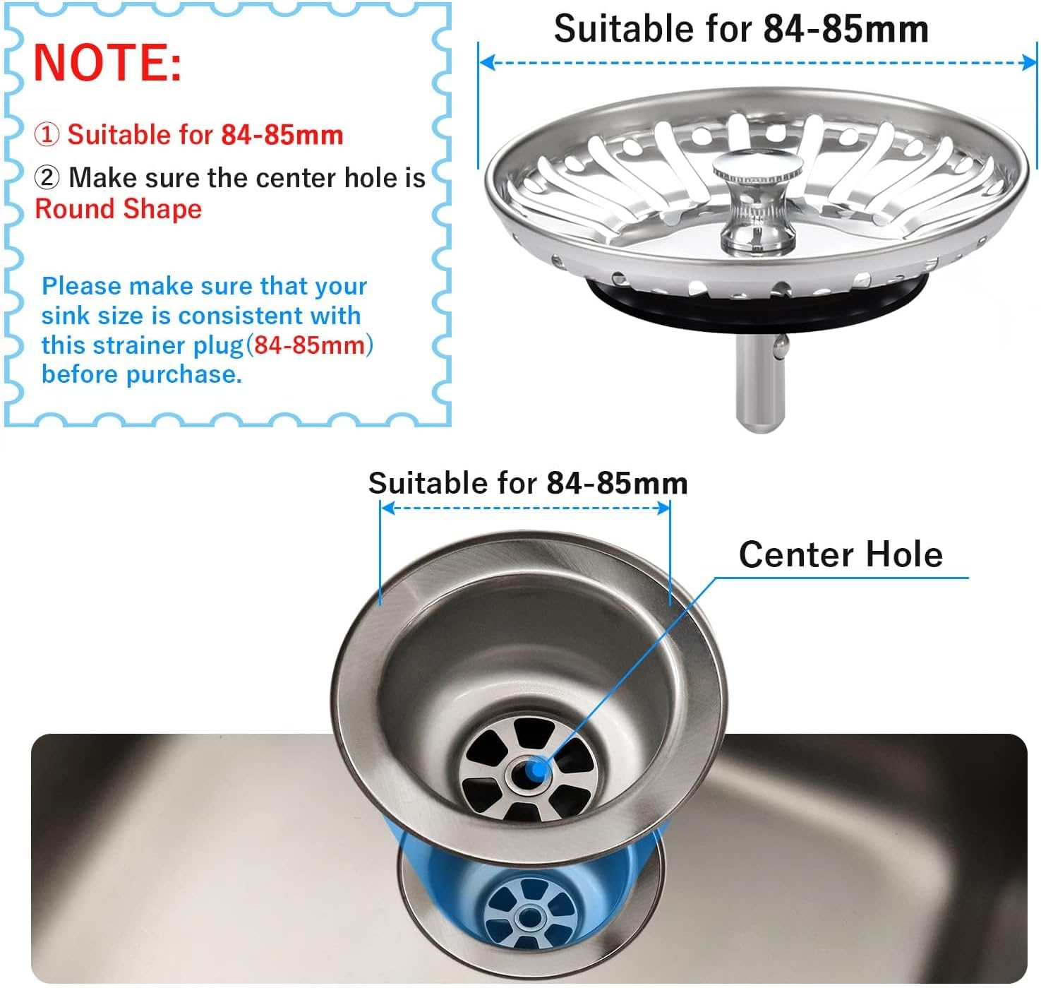 Detalle de Stainless Steel Kitchen Sink Bowl Strainer and Plug – 84mm