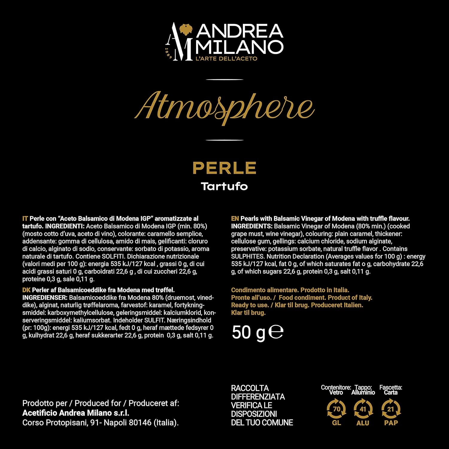 Detalle de Andrea Milano Perle di Aceto Atmosphere – Sfere Nere al Tartufo con Aceto Balsamico, 50 g