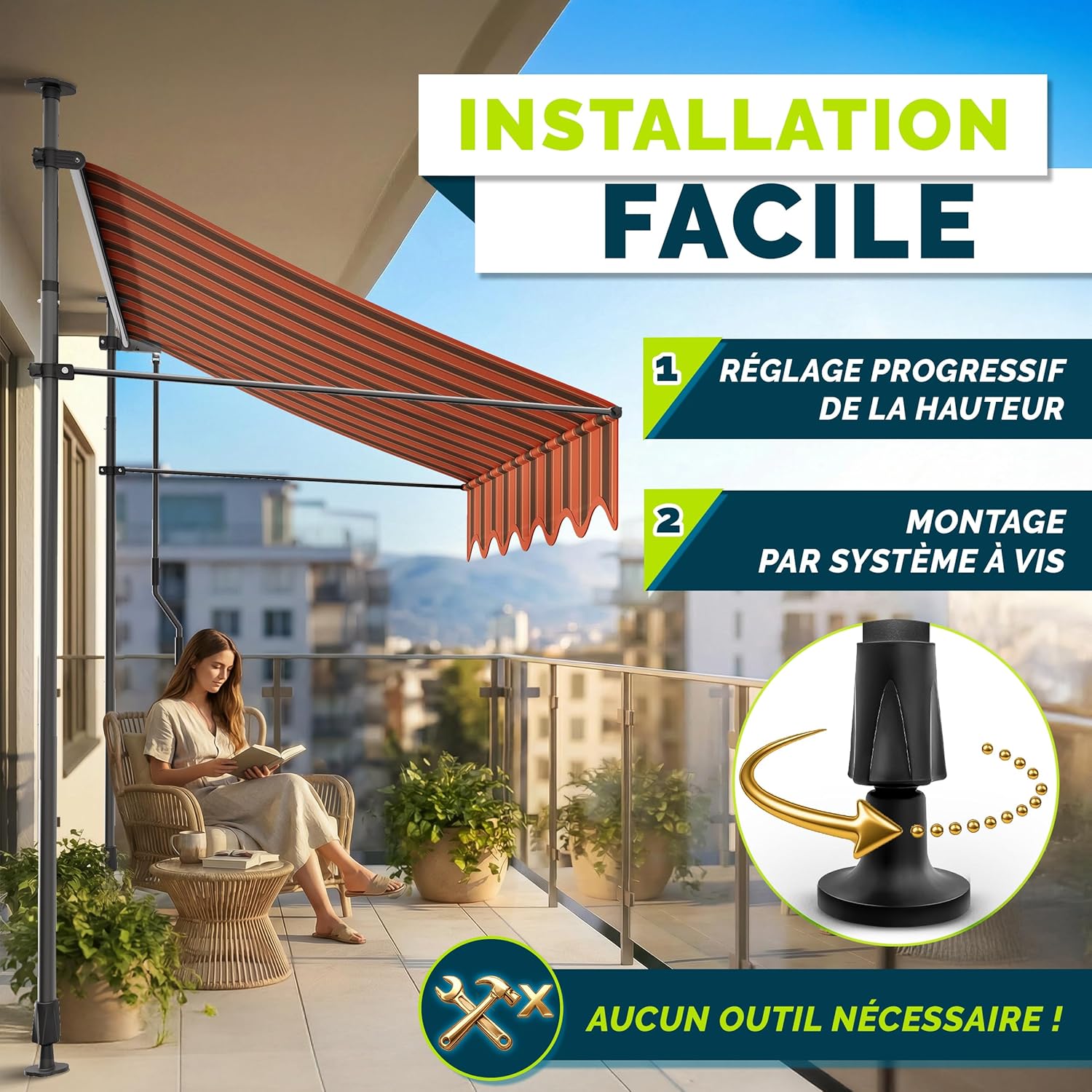 Thumbnail 2 de Store banne manuel rétractable tillvex avec manivelle (Orange/Anthracite) – marquise de balcon sans percement – 200 cm