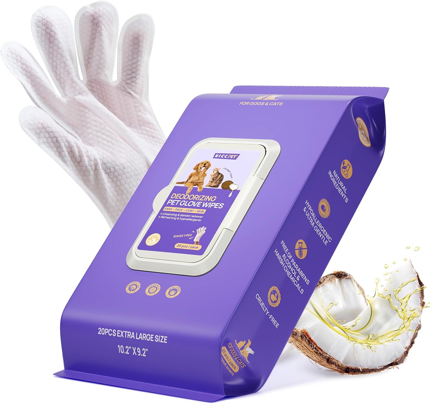 HICC PET Grooming & Moisturising Glove Wipes for Dogs & Cats