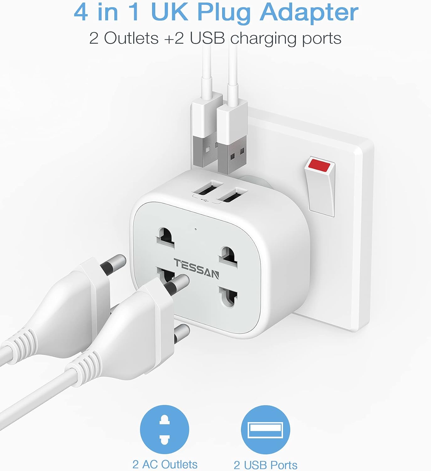 Detalle de TESSAN Double Shaver Plug Adaptor UK 2 USB