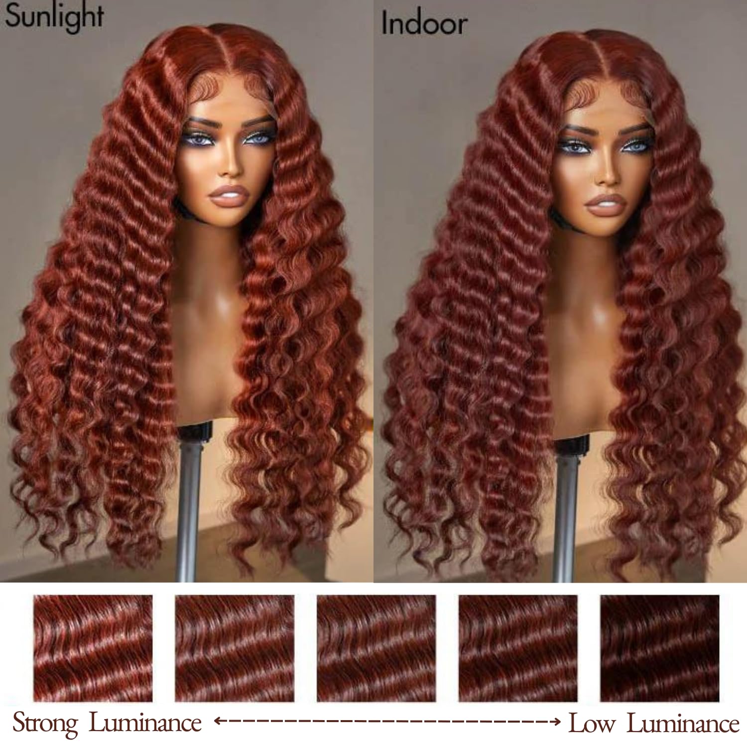 Detalle de AAKJJ Deep Wave Lace Front Wig — 34 Inch, 13x4 HD Lace, Copper Auburn, 200% Density, 100% Human Hair