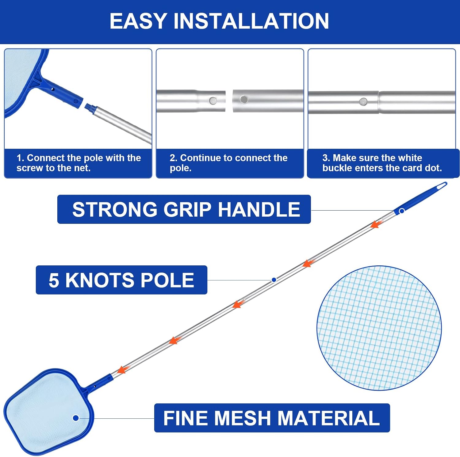 Detalle de SENTAIMAO Pool Nets with Adjustable Aluminium Telescopic Pole (Blue) – 30cm leaf & insect skimmer