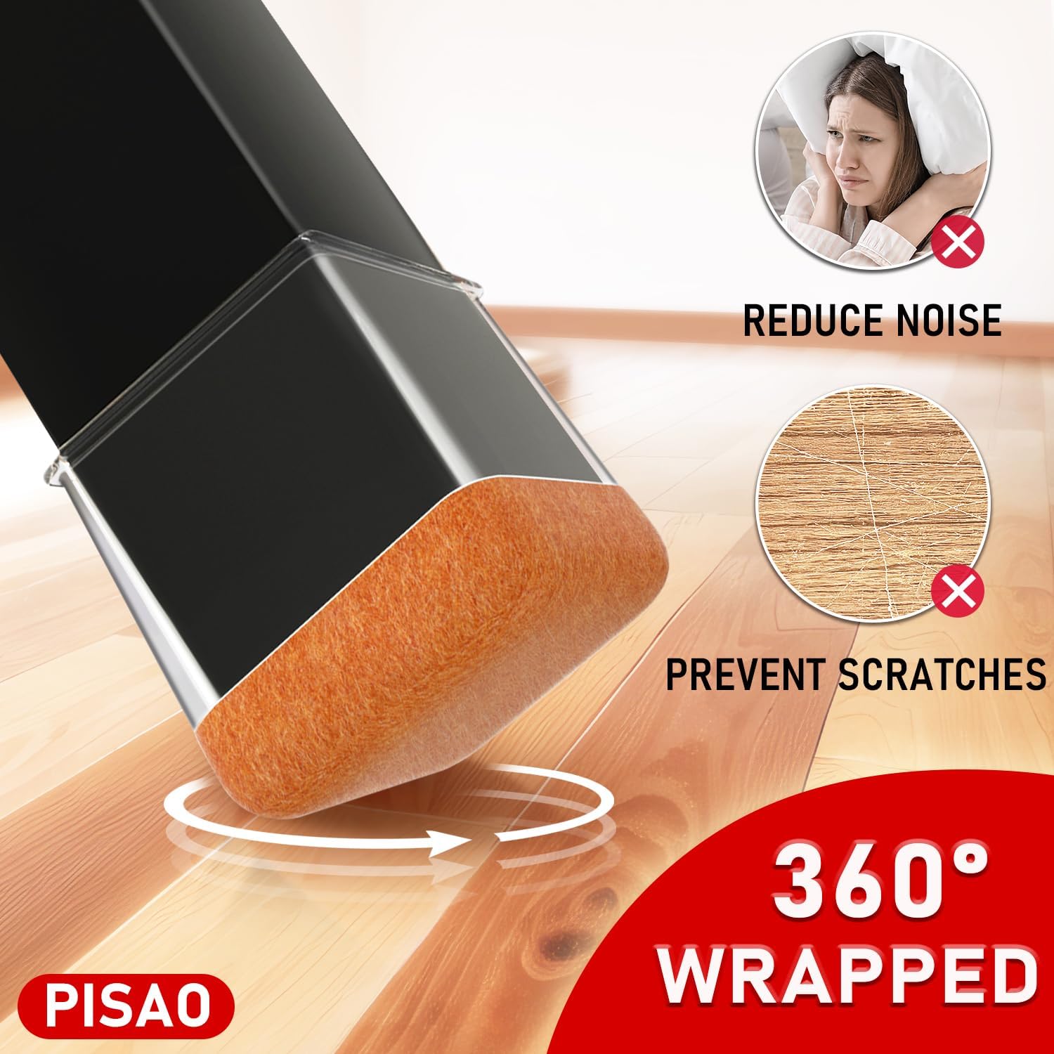 Detalle de PISAO P-02 Chair Leg Protectors, Clear Silicone Caps with Wrapped Felt Bottom