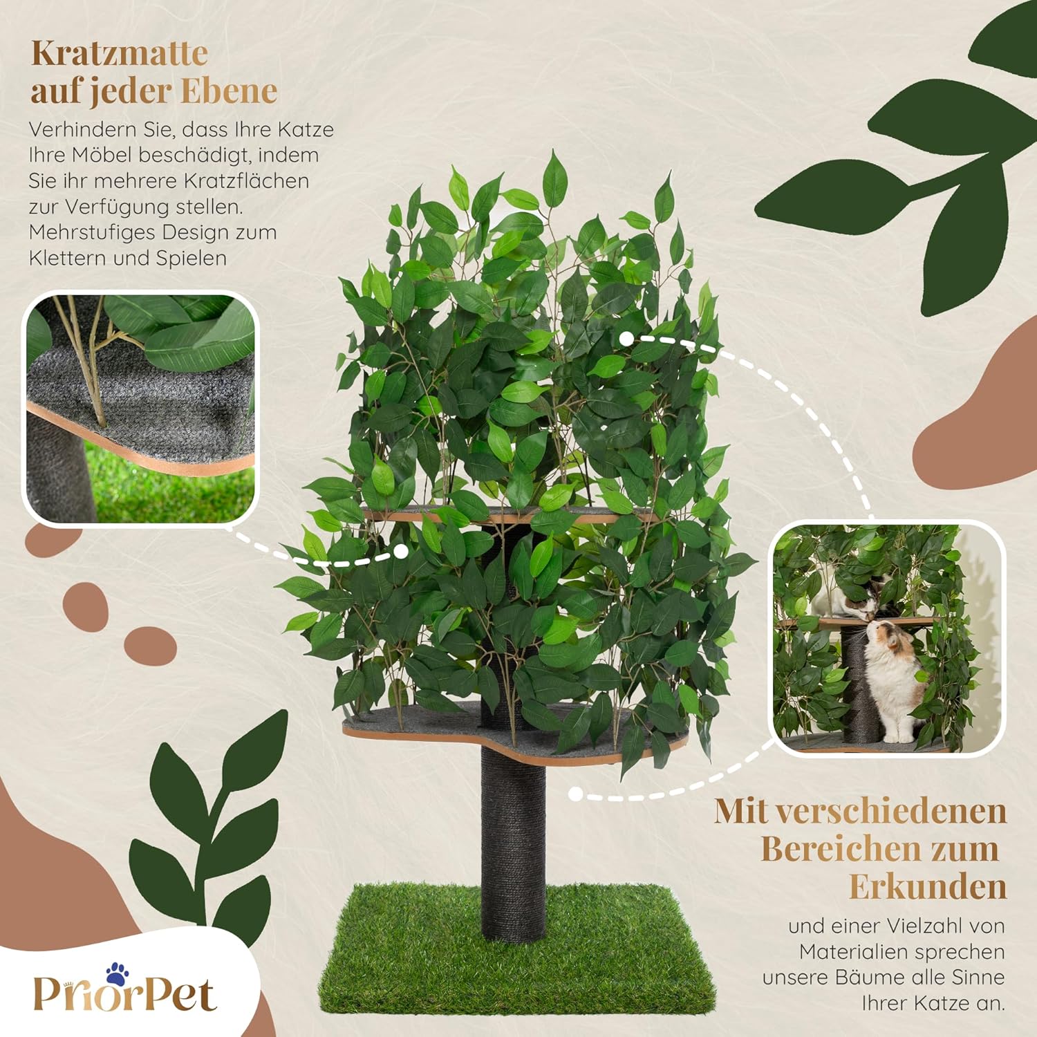 Detalle de Kratzbaum Natur 120 cm – Klettern, Verstecken und Schlafen mit austauschbaren Blättern