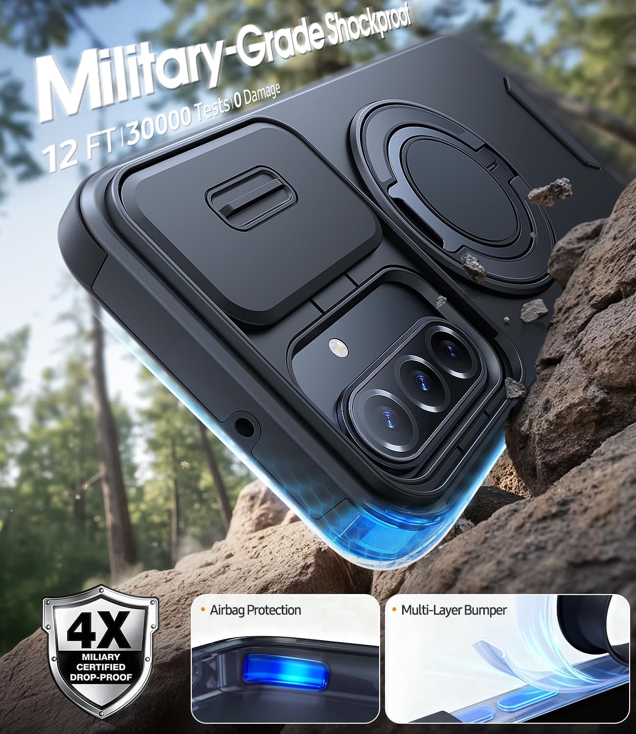 Thumbnail 2 de JAME Galaxy A16/A17 Case with 360° Ring Stand, Slide Camera Cover, Magnetic Plates & 2-Pack Tempered Glass Protectors (Black)