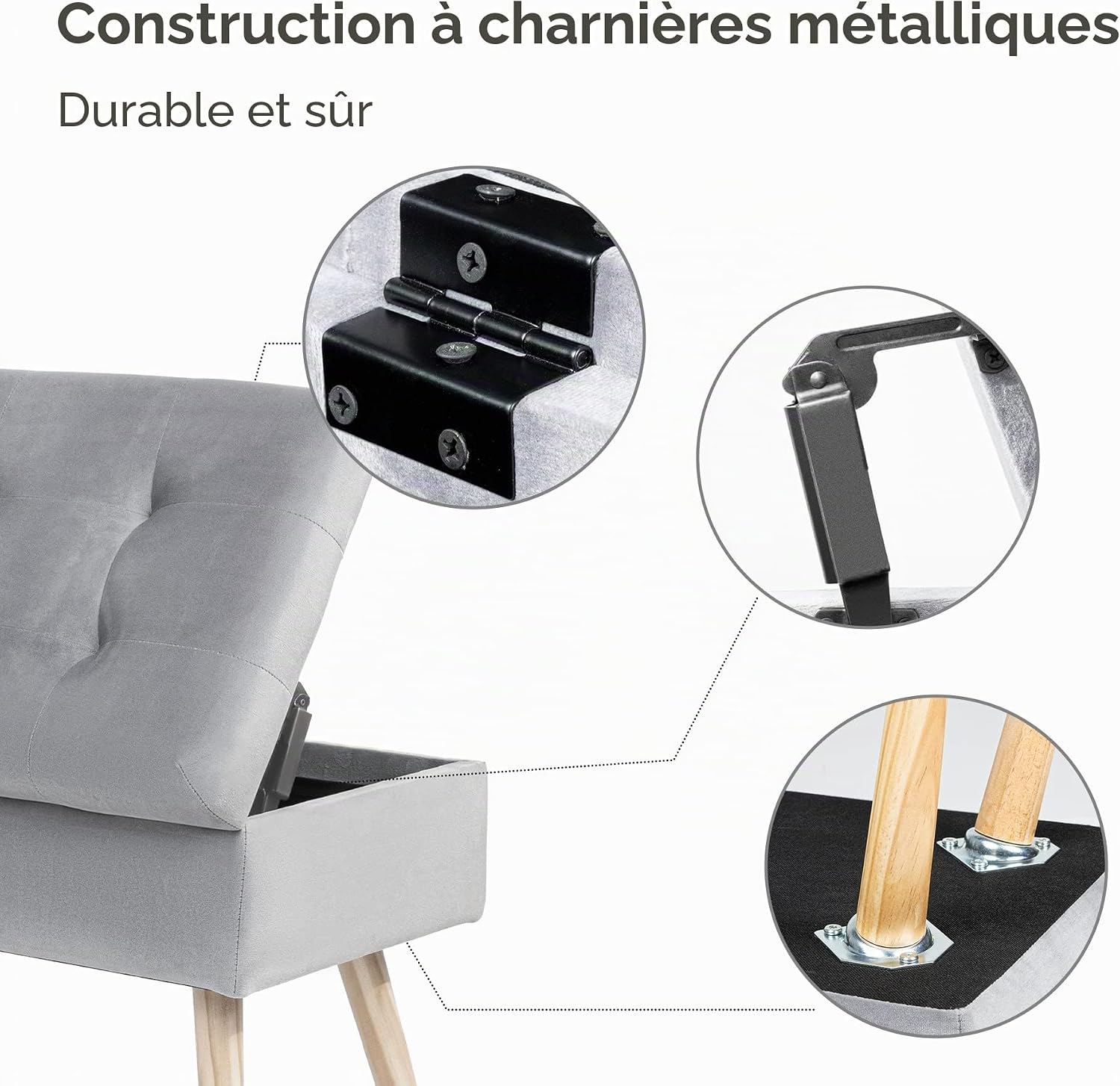 Thumbnail 3 de Hawthyhome Banc avec Espace de Rangement 80 × 35 × 43 cm, Gris – Velours et piètements bois